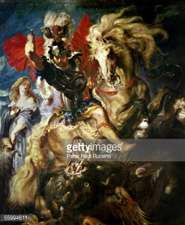 Imagem simbólica de São Jorge enfiando sua espada na cabeça do dragão.