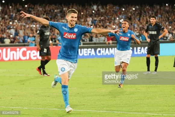 NAPOLI, CAMPANIA, ITALY - 2017/08/16: Jorge Luiz Frello Filho (Jorginho) midfielder of Napoli exults for the goal, during the match between SSC Napoli and OGC Nice, to qualify for the playoffs of the UEFA Champions League. Napoli wins 2 to 0 against Nice. (Photo by Pietro Mosca/KONTROLAB /LightRocket via Getty Images)